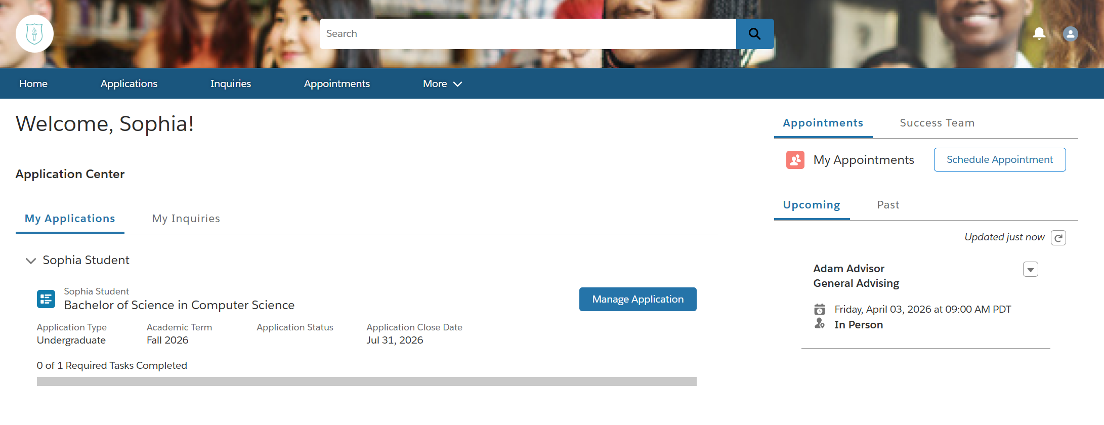 Logged into the fictional student portal at Connected University as Sophia Student